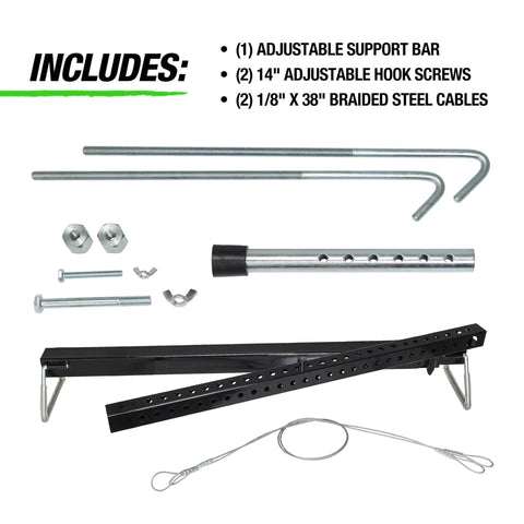 Heavy Duty Three Point Engine Support Bar With Adjustable Screw Hooks Real Deal Transverse Support Tool includes adjustable parts and cables.