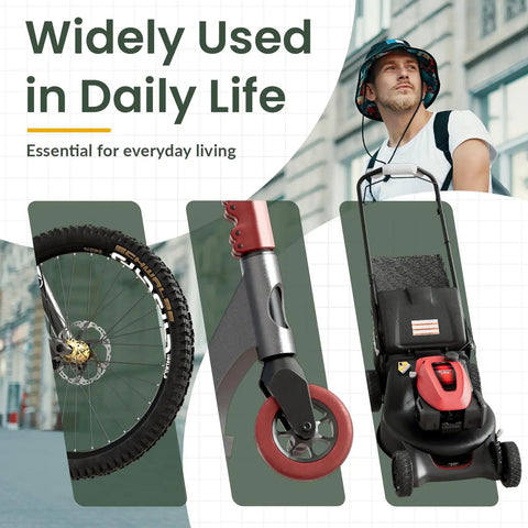 Bicycle wheel, scooter wheel, and lawn mower in urban setting for daily use