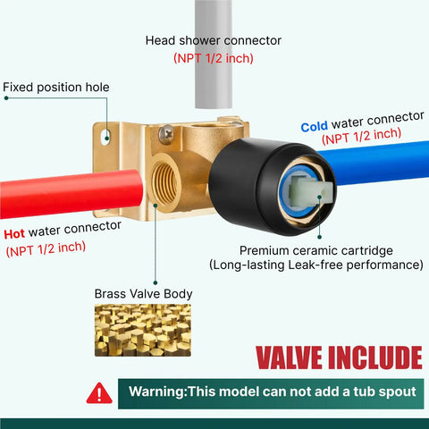 Heavy Duty 8 Inch Round Rain Shower Head With Smooth Flow Valve Slick Matte Black Bath Fixture Set showing brass valve body and connectors.