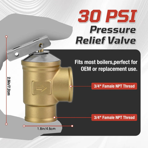 3/4 inch boiler relief valve 30 PSI with FNPT threads for hot water systems.