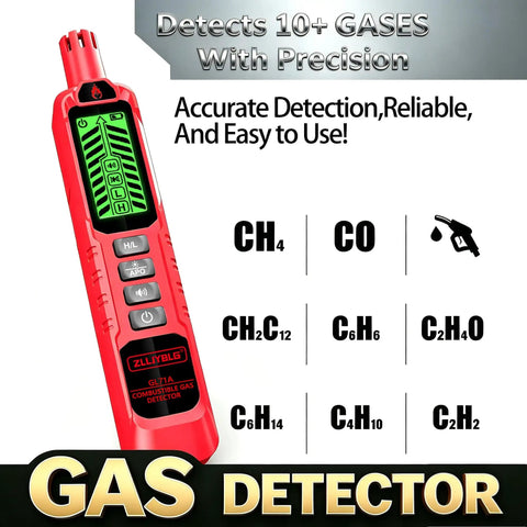 Portable Multi Gas Detector With Quick Response Sensor And Sound And Light Alarm Sniffs Out Methane Propane Natural Gas And Other Flammable Gases Includes Two Batteries Red Ideal For Home And Small Shop Safety with screen showing gas detection capabilities.