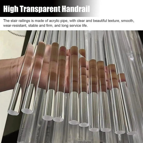 Clear Acrylic Stair Handrail With Gold Brackets Rock Solid Wall Support Banister For Indoor Steps And Outdoor Decks Heavy Duty Safety Grab Bar For Seniors Quick Install Smooth Non Slip Custom Lengths Ready Today, close-up view of acrylic pipes.