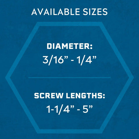 Image showing available sizes for 3/16 x 2-1/4 Inch Blue Climaseal Star Head Concrete Anchors: diameter 3/16" - 1/4", lengths 1-1/4" - 5".