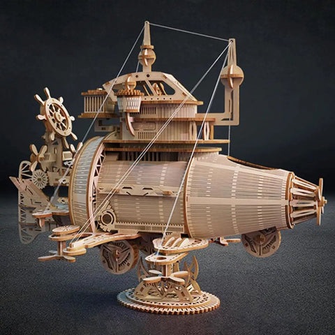 Epic 3D Wooden Puzzle Kit for a Steampunk Spaceship Airship Model Build, DIY fantasy desk display, assembled wood detail.