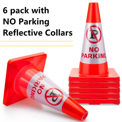 Six Pack 18 Inch No Parking Reflective Traffic Cones With 360 Reflective Collars, PVC Orange Safety Cones stacked and individual view