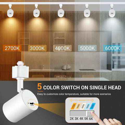 Five Color Adjustable Eight Light LED Track Lighting Kit with single head showing 5 color temperatures for kitchen use.