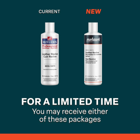 Image showing two bottles of Leather Revive Leather Treatment 8 oz, displaying current and new packaging side by side.