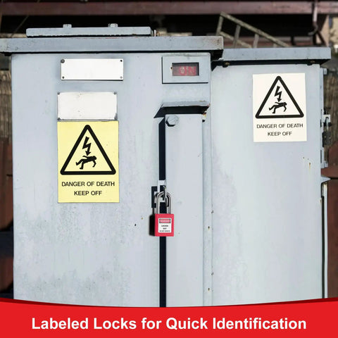 Hella Tough Red Lockout Locks Set Brings You A Legit Ten Piece Pack With Two Keys Per Padlock on electrical panel with warning signs.