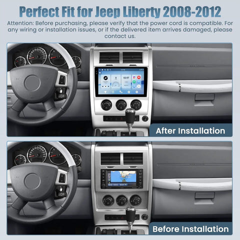 Premium 10.1 Inch Android 15 Car Radio Stereo Head Unit Kit Features Zero Lag Processing No Sweat Setup Sweet Soundstage Tuning And Plug And Play Wiring Harness Specifically Customized For Jeep Liberty Models From 2008 To 2012 installed in dashboard showing before and after comparison.