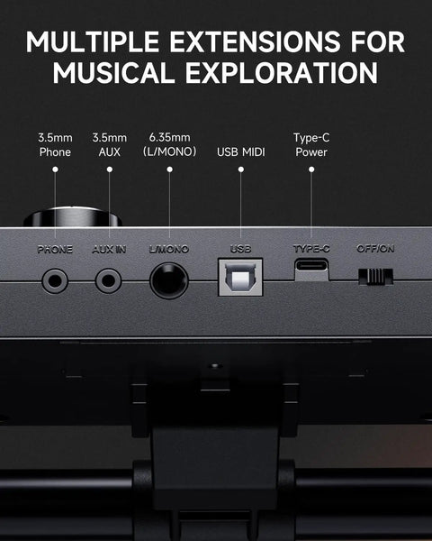 Back panel of Kids Electric Drum Set 7 Piece with various inputs like USB MIDI, Type-C, AUX showing connectivity options.