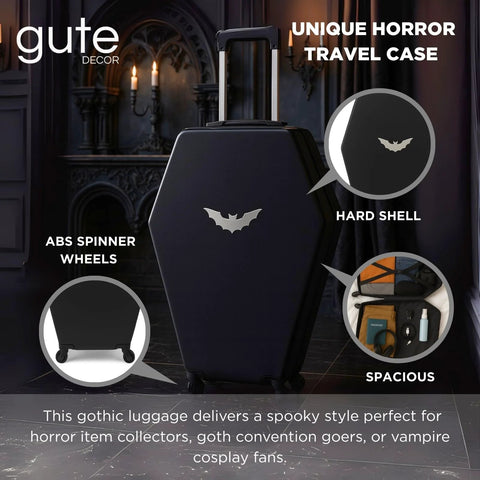 Gothic coffin carry-on luggage with hard shell and spinner wheels, perfect for cosplay and travel, featuring bat design in candlelit room.