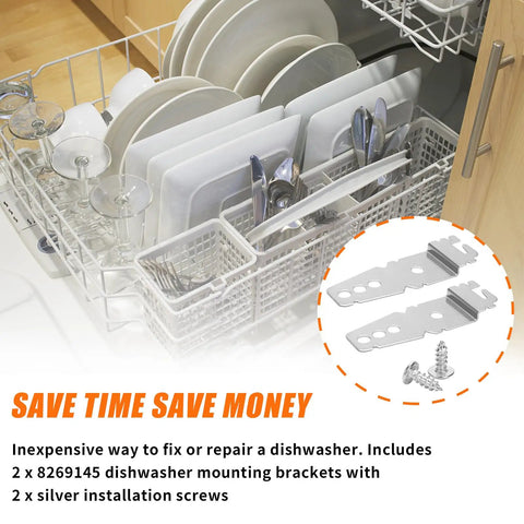 Two Pack Dishwasher Mounting Brackets With Screws For Under Counter Install shown next to dishwasher with dishes