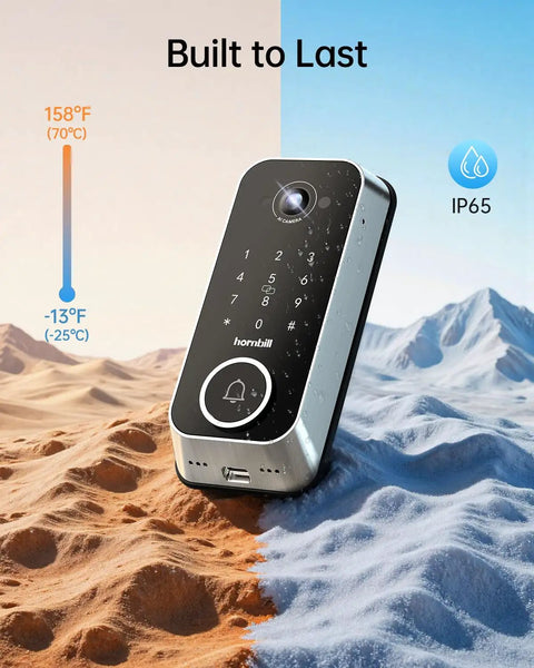 No Sweat Smart Front Door Lock With 2K HD Camera Video Doorbell Kit on sandy and snowy surfaces, showcasing durability and IP65 rating.
