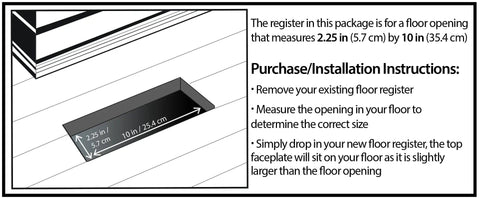 Illustration of Louvered Plastic Floor Register In Tan Mahogany Finish 4 By 10 Duct Opening with installation instructions.