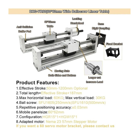 Built Tough 60mm Wide X Y Z Axis Linear Actuator With Nema23 1.2Nm Motor Kit And 57Mm Linear Rail Guide Hella Smooth Stage Slide For Industrial Projects diagram showing components and features.