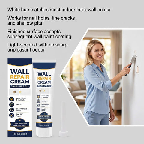 Two Piece Drywall Repair Paste Kit With Heavy Duty Scraper For Quick Hole And Crack Patching Zero Fuss Blending For A Flawless Smooth Surface Before Painting Touchups, woman applying cream to wall.