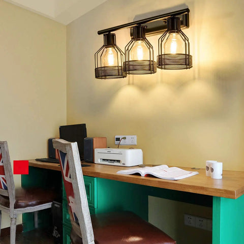 Industrial Vanity Light Plug In Three Light Retro Cage Wall Sconce With Metal Shade Corded Vintage Indoor Lighting in home office