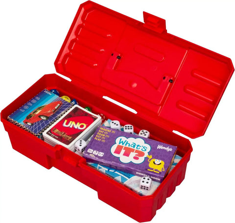 Open red 12 Inch Plastic ProBox Toolbox For Tools Hobby And Craft Storage Red Grab And Go Organizer with card games and dice inside