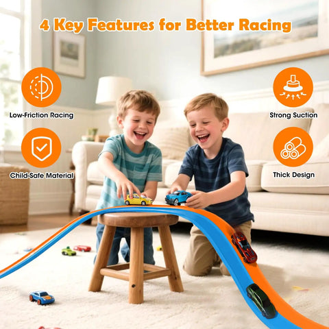 Kids playing with 15 Ft Flexible Race Track For Kids 3 Plus Roll Up Portable Starter Set With Strong Suction Cups For One Sixty Four Scale Diecast Cars