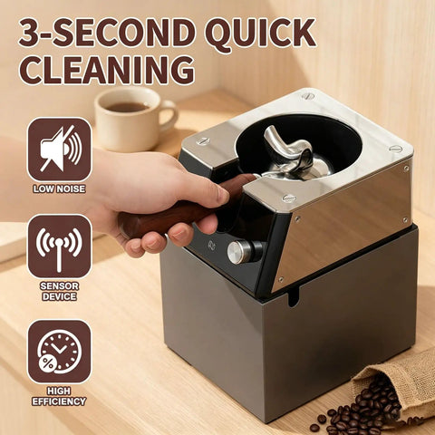 Smooth Operator Automatic Espresso Portafilter Cleaner And Quiet Knock Box Replacement For 58mm Machines with wood handle and efficient induction sensor.