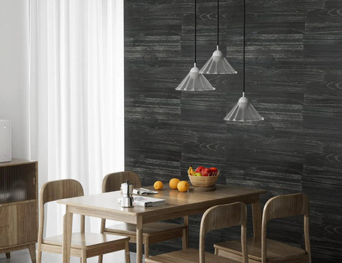 Dining room with Real Rustic Wall Planks For Interior Decor With DIY Peel And Stick Installation, Rustic Black Wood Panels on wall