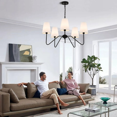 Living room with Dope Modern 5 Arm Pendant Chandelier For Dining Room With White Fabric Shades Matte Black Finish 30 Inch Diameter
