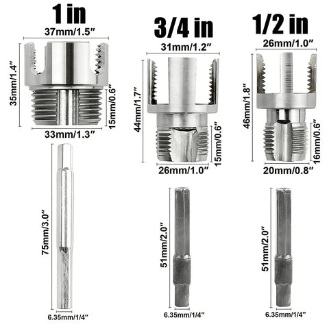 Drill Powered PVC Pipe Threader Dual Function Internal And External Threads sizes 1 in, 3/4 in, 1/2 in metal threading tools.