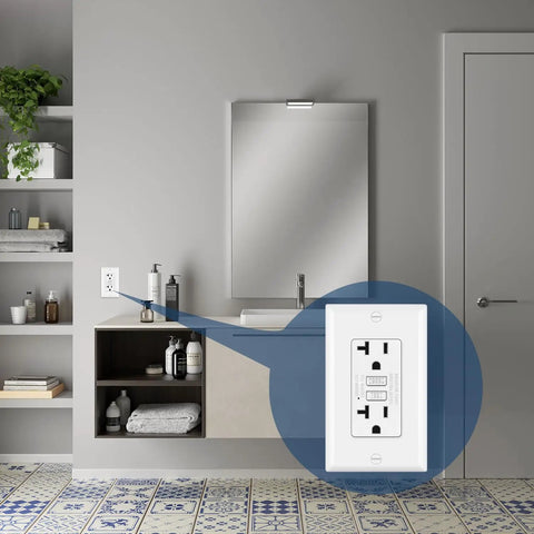 10 Pack Slim 20 Amp GFCI Outlet Receptacle With LED Indicator 125V installed in a modern bathroom setting with tiled floor