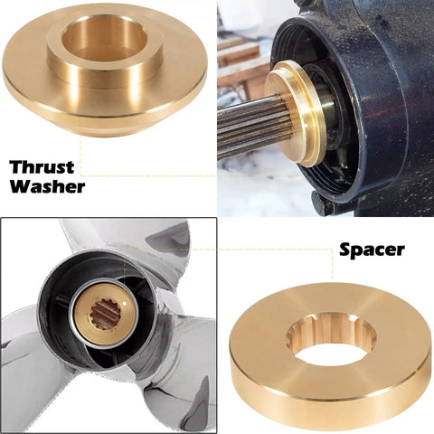 Propeller Installation Hardware Kit For 150-300 HP Outboard Motors Includes Thrust Washer Spacer Washer Nut And Cotter Pin Replacement For OEM 6E5-45987-01 showing washer and spacer in use