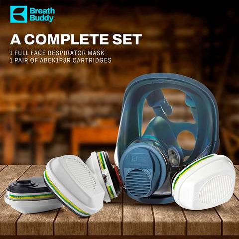 Full Face Respirator Mask With Extra ABEK1P3R Cartridges for Dust and Smoke, Reusable Eye Shield, Close-up on Table