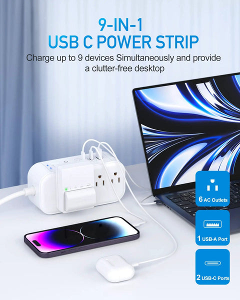 9-in-1 USB C power strip charging multiple devices, showing 10FT Surge Protector Power Strip With 65W USB C PD And 30W USB C Fast Charging 6 Outlets And 3 USB Ports Flat Plug For Desk Wall Mount Overload Protection Ideal For Dorm And Home Office And Travel on desk.