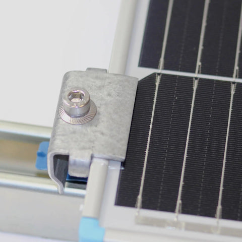 SPEC158 5 Pack Solar Panel End Clamps for 1-5/8 In Steel Strut Channel With Cone Nuts shown on mounted solar panel