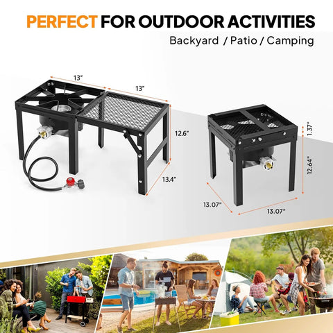 Single Burner Propane Stove With Foldable Side Shelf And 75000 BTU Heat for outdoor camping and patio grilling setup