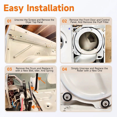 Installation steps for Next Level Dryer Drum Rollers Kit For LG And Kenmore Dryers, showing panel and roller replacement process.