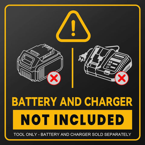 Battery and charger not included warning for Cordless Right Angle Drill With Brushless Motor Compatible With Dewalt 20V Battery.