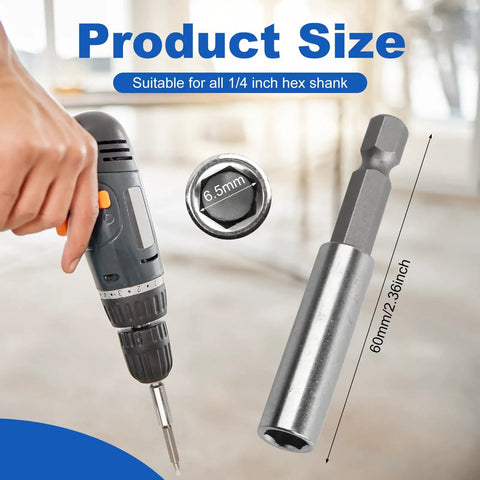 Magnetic Extension Socket Drill Bit Holder 1 Quarter Inch Hex Shank 10 Pack displayed alongside power drill and size details