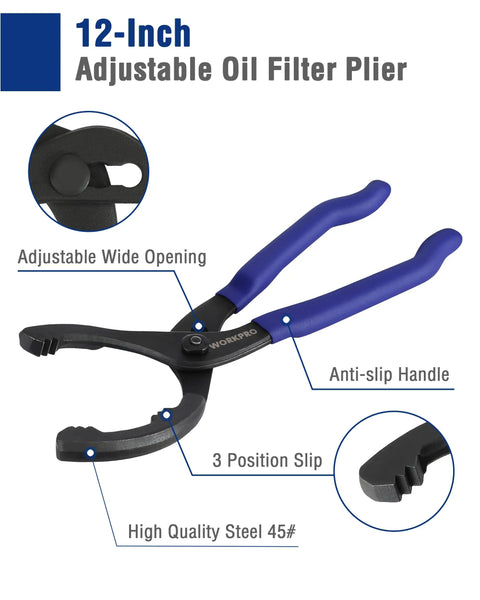 Heavy Duty Universal Oil Filter Wrench Set Featuring Adjustable Pliers And Three Jaw Remover For Smooth Car Truck Suv Maintenance with 12-inch pliers.