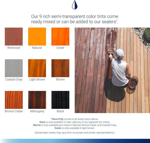 Heavy Duty Clear Wood Sealer And Solid Shield Waterproof Armor For Decks Fences Log Homes And Yard Gear Odorless Blend shown in color options with an applicator.