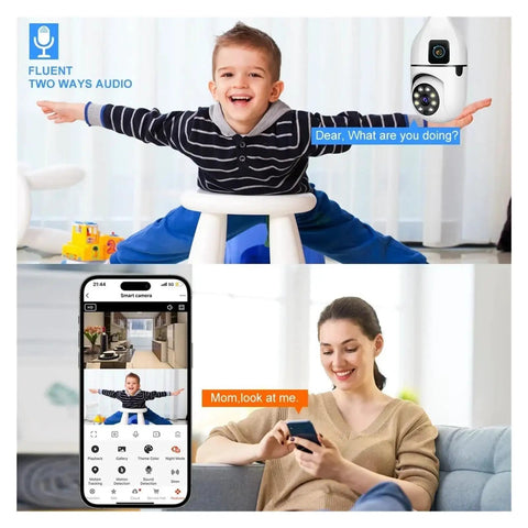 Dual Lens Indoor Wireless Security Camera Featuring Straight Up Crystal Clear Video And Kickass 360 Pan Tilt With Full Color Night Vision Smooth Dual Band WiFi Streaming And Legit Motion Tracking Alerts For Solid Home Protection in a living room setting with a child and parent.