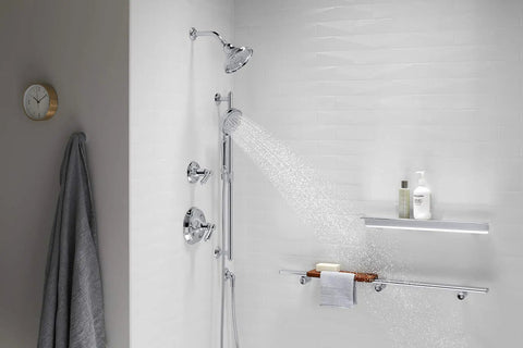 Polished chrome finish multi function handheld showerhead with three spray settings for full coverage massage and silk spray
