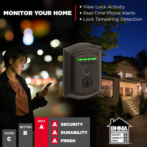 Traditional Fingerprint Deadbolt With Built In Wifi And Smartkey Backup Delivering Smooth Proximity Locking Voice Sync And Polished Venetian Bronze, displayed with smartphone in night setting.