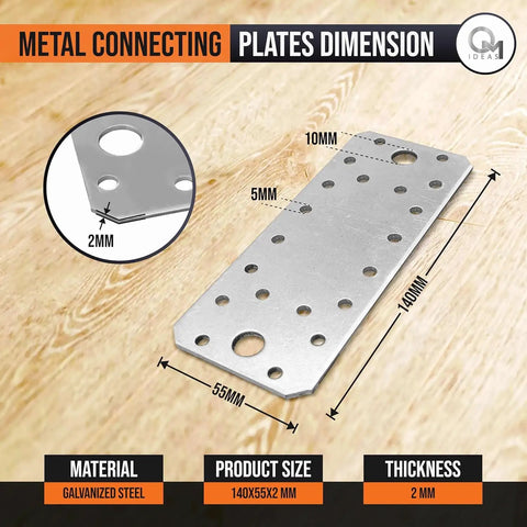 Heavy Duty Flat Joining Plates With Perforated Braces For Timber Wood And Metal Galvanized Steel Fixing Repair Connector 10 Pack on wood background.