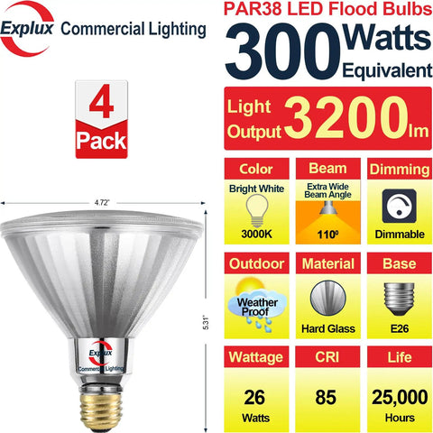 Ultra Bright PAR38 LED Flood Light Bulbs Delivering 3200 Lumens, Dimmable Outdoor Spotlight, Full-Glass Waterproof Build, 4-Pack
