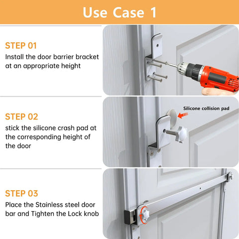Installation steps for the Tough As Nails 38 Inch Stainless Steel Interior Door Security Bar with rubber brackets.