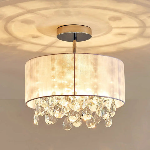 Dope Modern Crystal Chandelier Ceiling Light Fixture With White Fabric Shade And Chrome Finish, 13 Inch Diameter By 14 Inch Tall