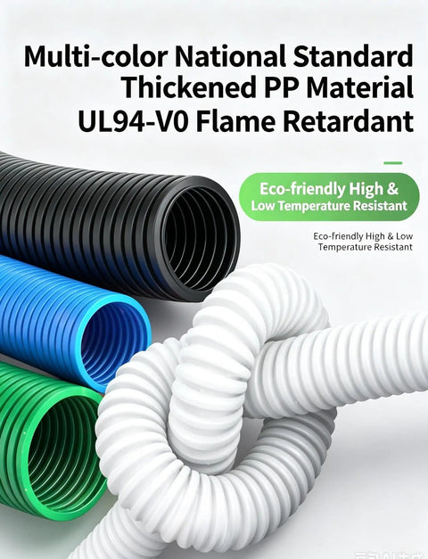 Pro Grade Heavy Duty Flexible PP Corrugated Conduit in black, blue, green, and white, flame resistant for safe wire routing.