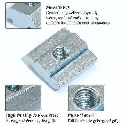 Close-up of M4 Slide In T Nut Tee Sliding Nut For Aluminum Extrusion 2020 Series 6mm Slot, zinc plated carbon steel with clear thread.