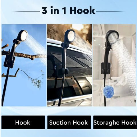 Portable Camping Shower With 6000mAh Battery, LED Display, IPX7 Waterproof Outdoor Shower Kit showing 3-in-1 hook options