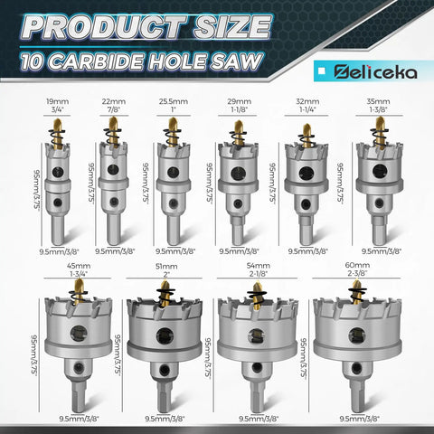 Ultimate Pro Grade 14-Piece TCT Carbide Hole Saw Kit For Hard Metal sizes displayed, 19mm to 60mm carbide tipped cutters.