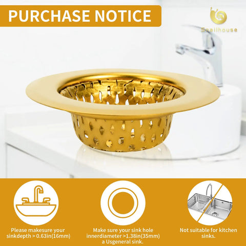 Heavy Duty Stainless Steel Bathroom Sink Strainers 2 Pack Anti Clog Mesh Drain Screen Hair Catcher For Utility Sink gold strainer on a white sink.